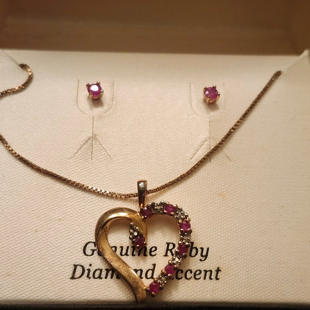 Genuine Ruby Diamond Accent necklace/stud set
